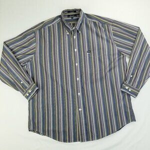 Faconnable XL Button Down Long Sleeve Blue White Gold Copper Stripe Cotton Shirt